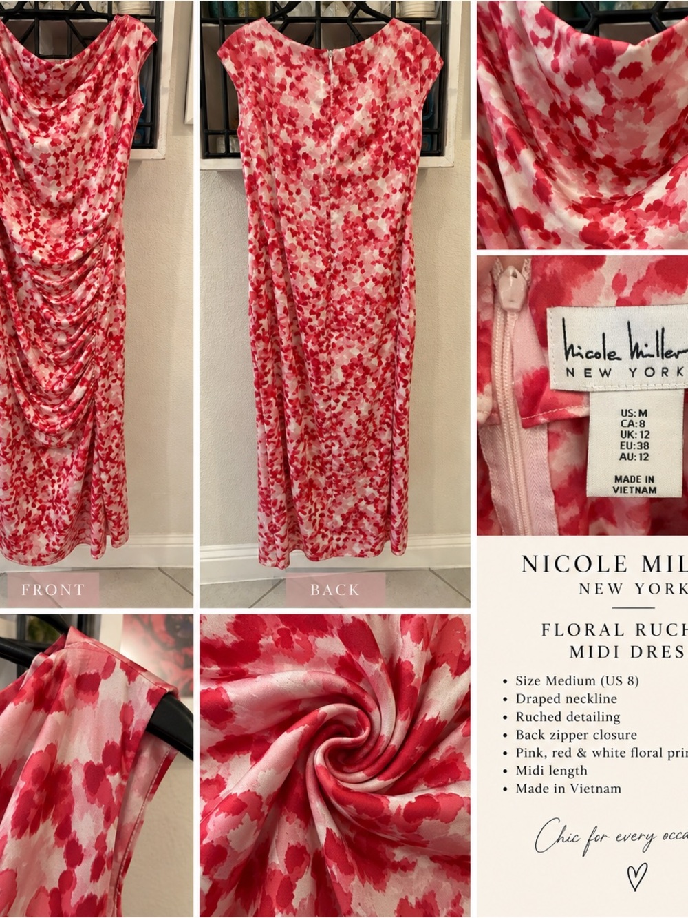 Nicole Miller New York Pink Floral Ruched Midi Dress Size M